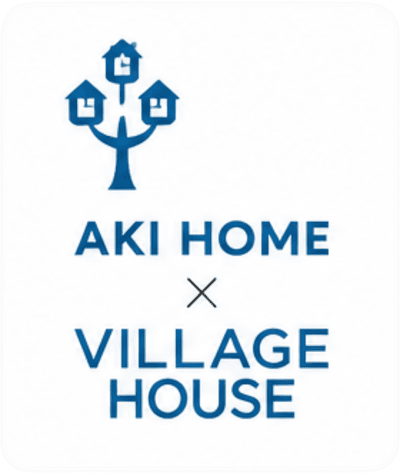 AKI HOME × Village House partnership lockup — a rental-housing network AKI HOME places tenants with